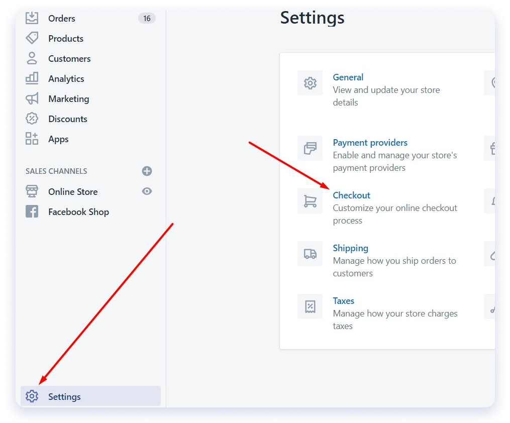 Settings, checkout and order processing menus on the Shopify order confirmation page