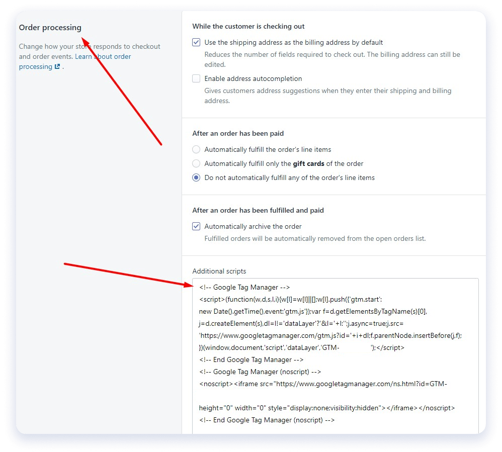 Copying and pasting your GTM container snippet into the ‘Additional scripts’ section