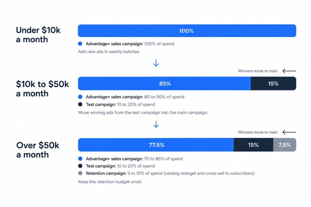 Meta ad account structure for pet brands, showing recommended campaign budget splits for monthly spend under $10k, $10k to $50k, and over $50k.