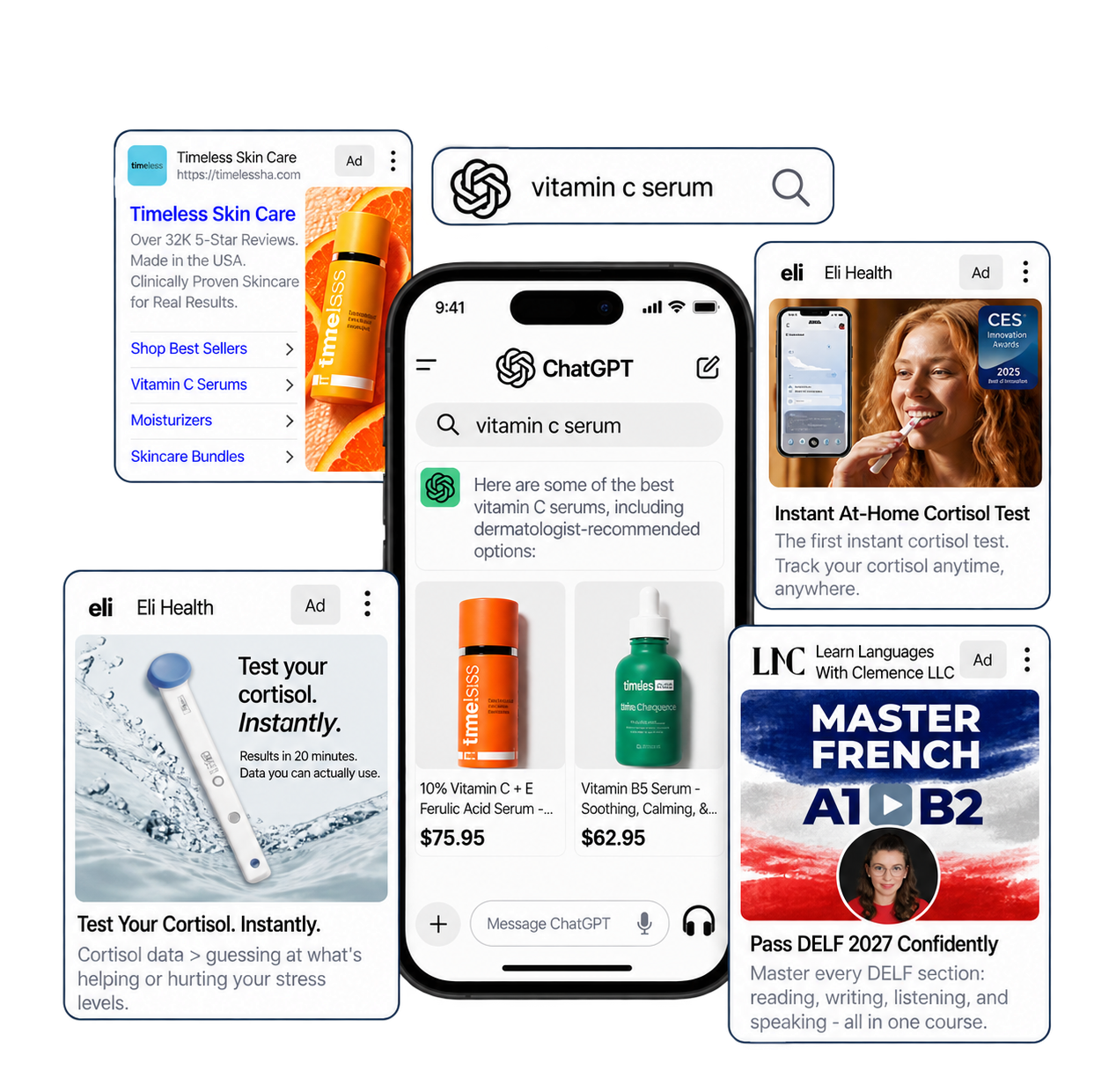 ChatGPT Ads examples showing sponsored product listings and advertising placements within ChatGPT conversations.